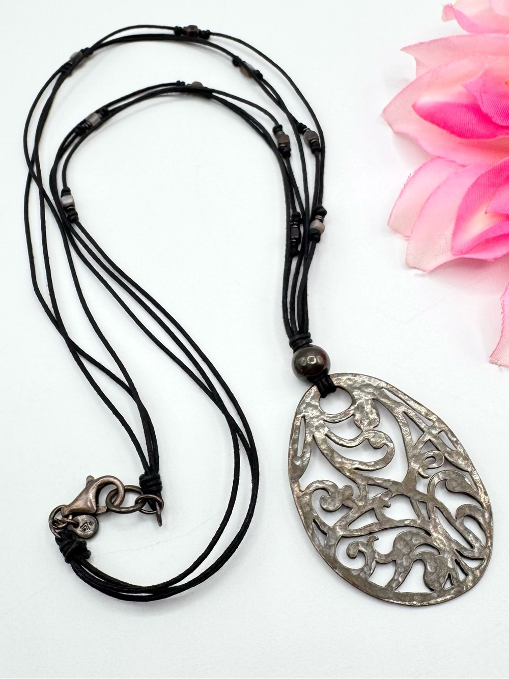 Silpada Filigree Scrolling Openwork Pendant Necklace Fabric Cord Signed 24”